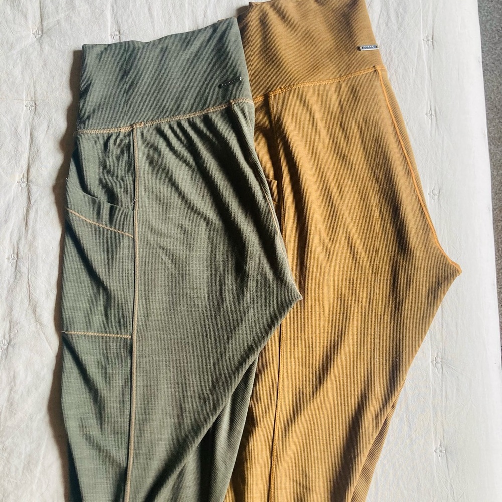 Two Prana Becksa 7/8 leggings green and gold